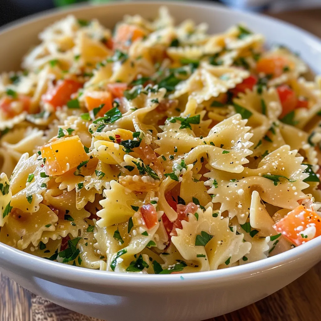 Ensalada de pasta corta con col rizada, zanahorias, pimiento amarillo y guisantes.