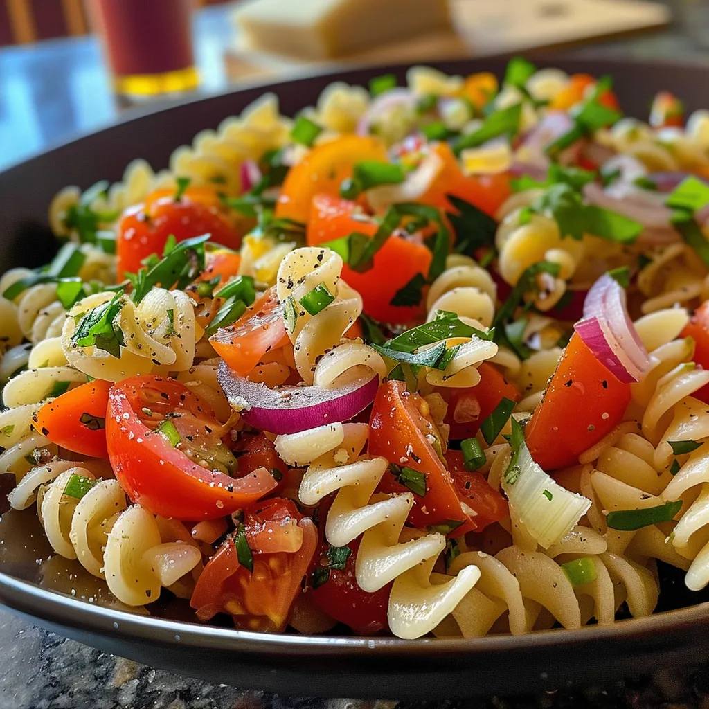 Primer plano de ensalada de pasta con ingredientes frescos y vibrantes.