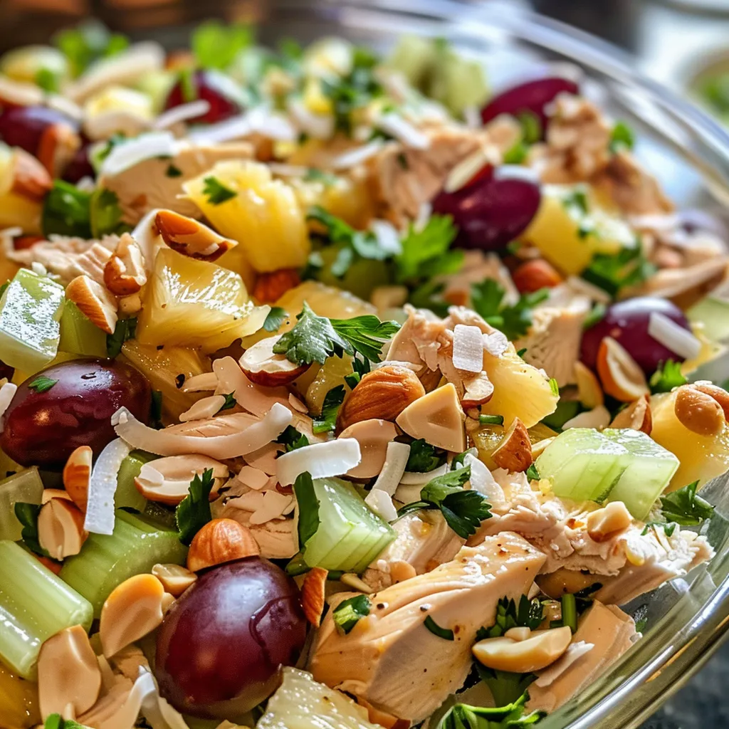 Ensalada de pollo hawaiana con trozos de pollo, piña y nueces de macadamia.