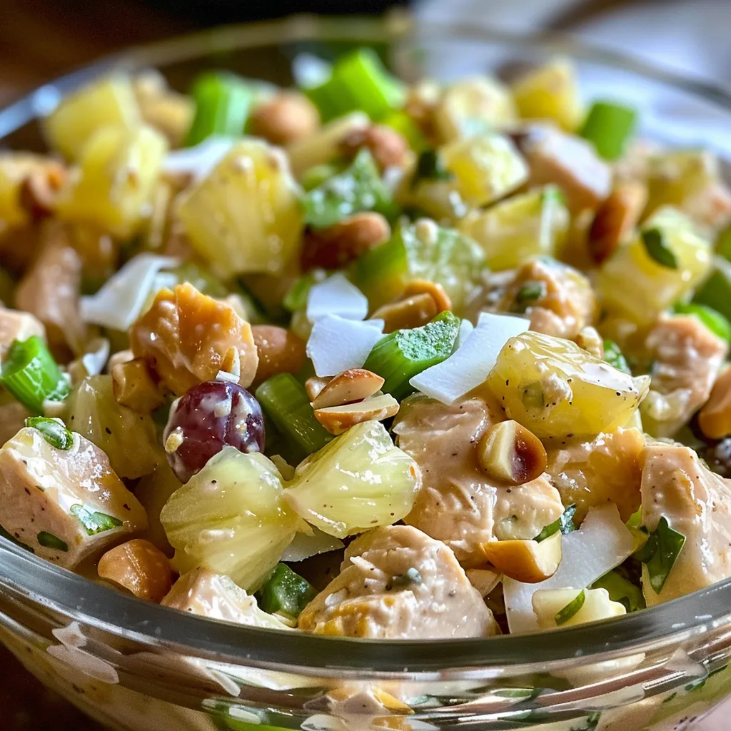 Ensalada tropical colorida con uvas, apio y coco tostado.
