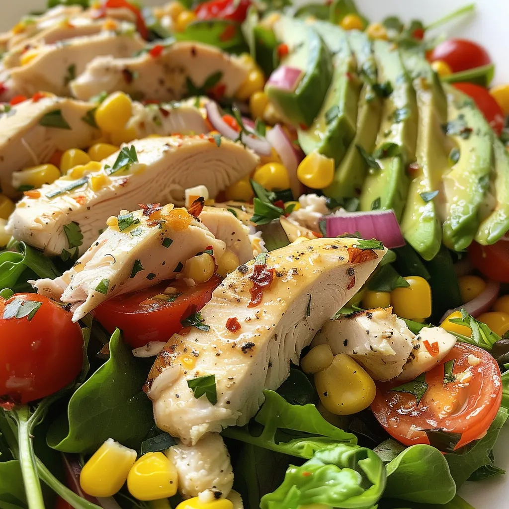 Ensalada de pollo ranch saludable con ingredientes frescos y coloridos.