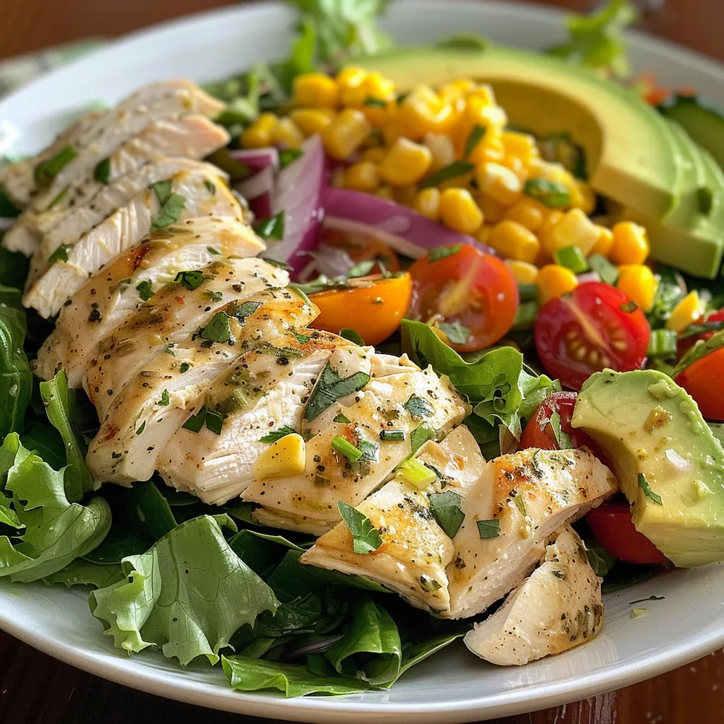Primer plano de una ensalada de pollo con aguacate y verduras frescas.