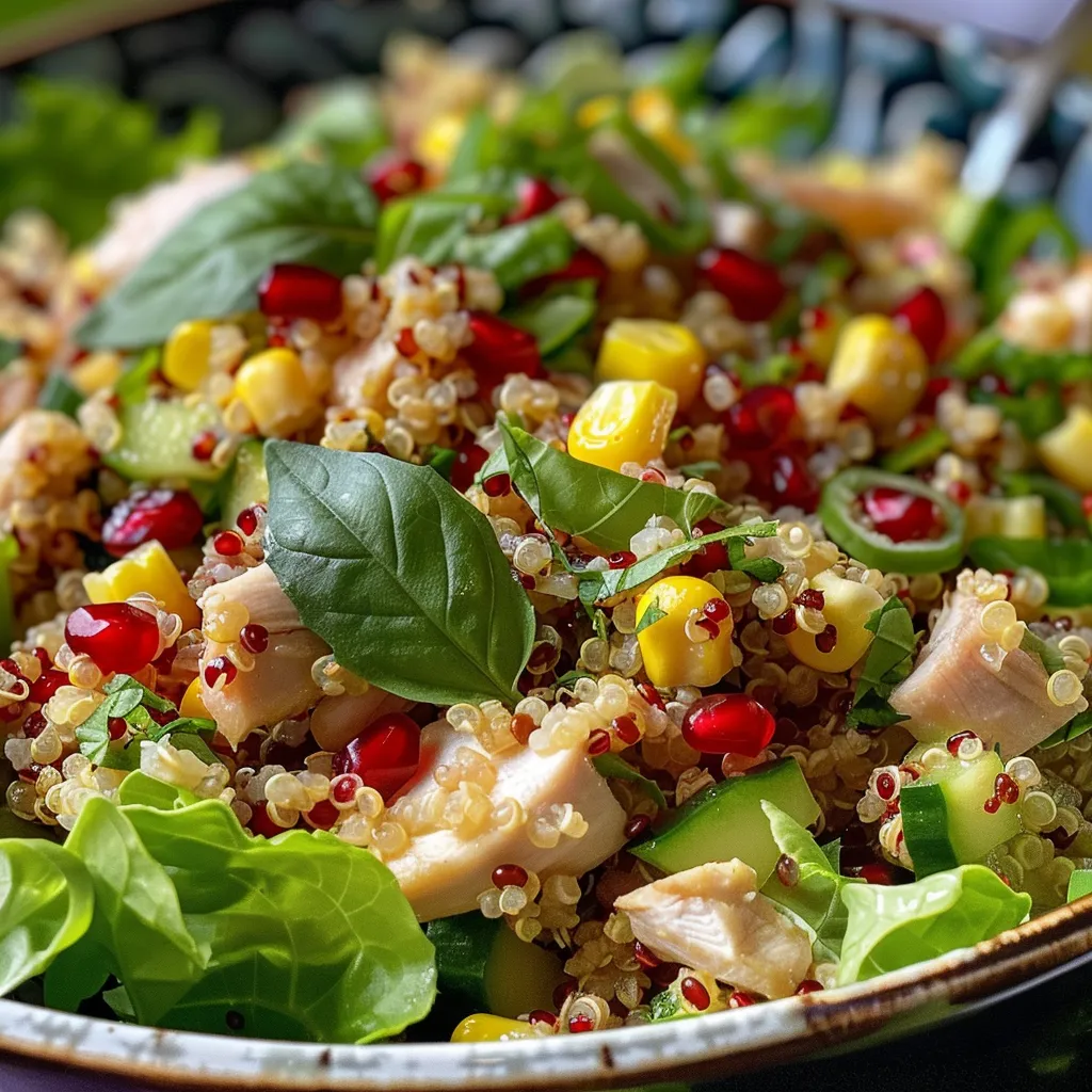 Ensalada de quinoa con pollo, vista lateral, mostrando ingredientes frescos.