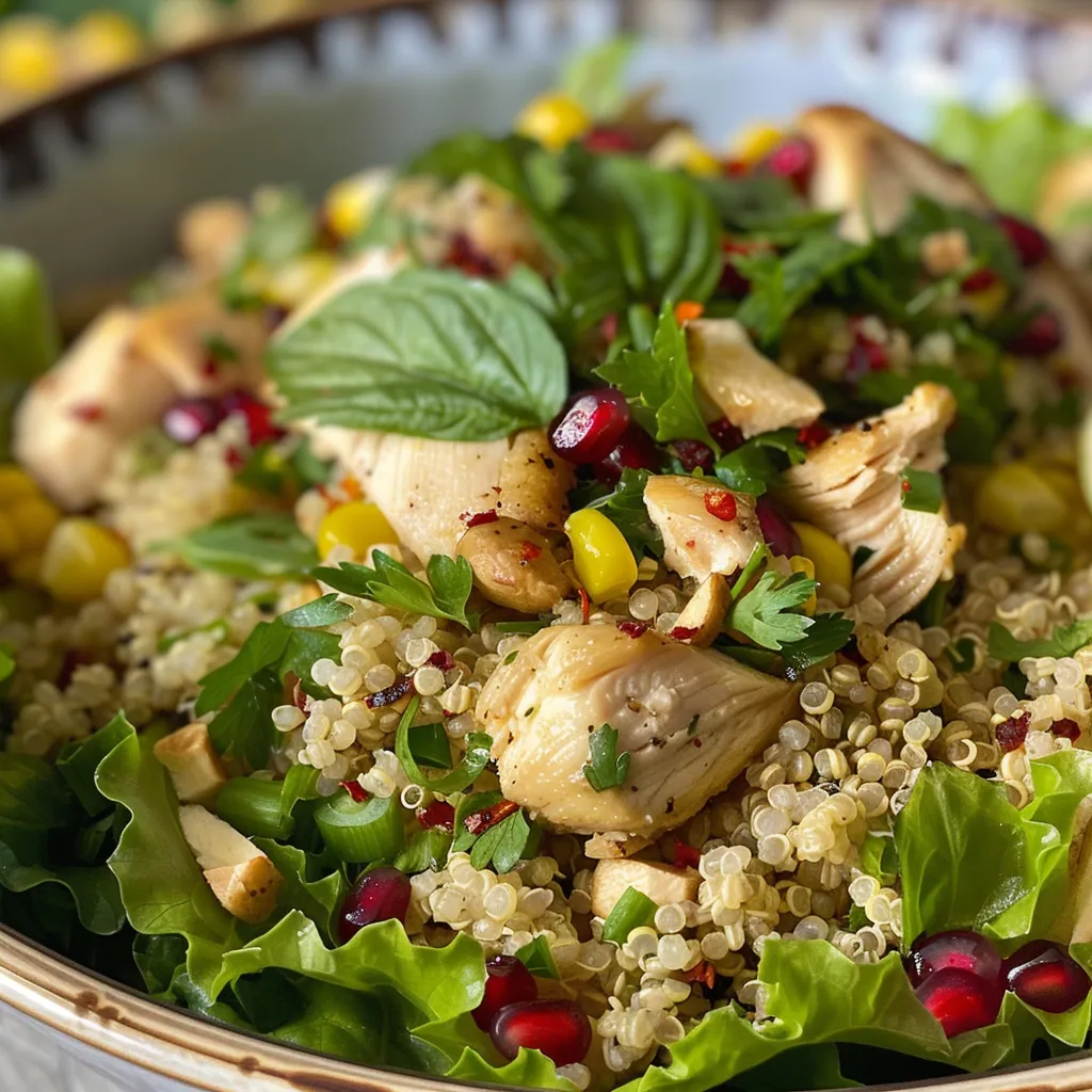 Primer plano de una ensalada de quinoa con trozos de pollo y vegetales coloridos.