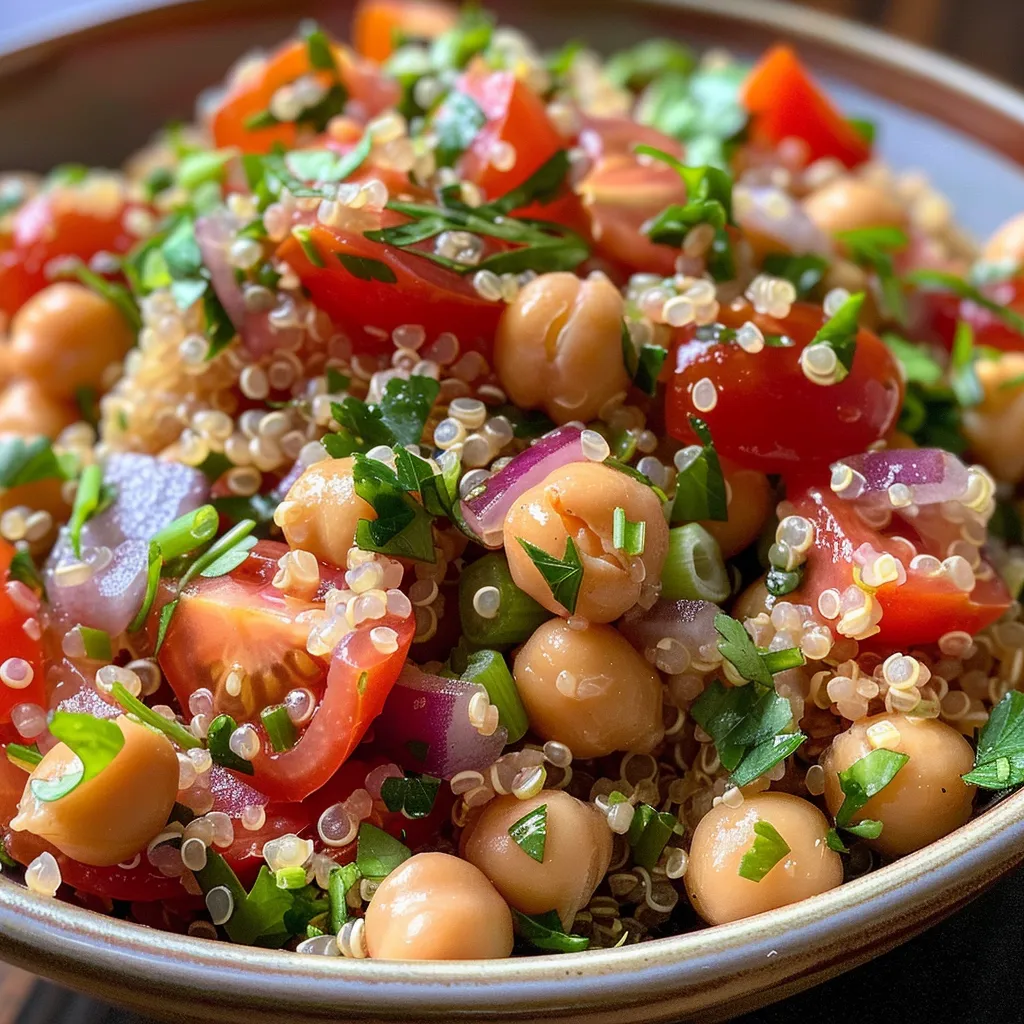 Primer plano de una ensalada de quinoa colorida con tomate y cebolla verde.
