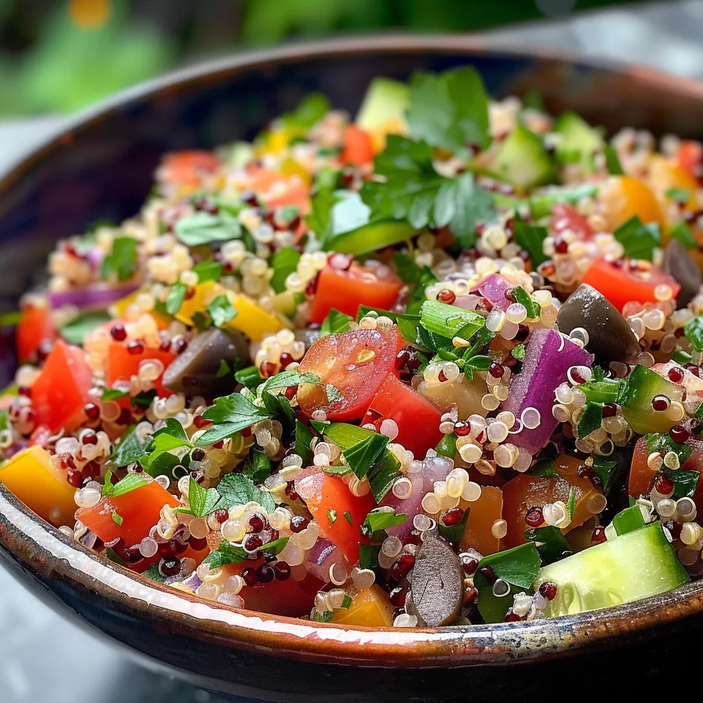 Plato de ensalada con quinoa, tomates cherry, pimientos y queso feta.