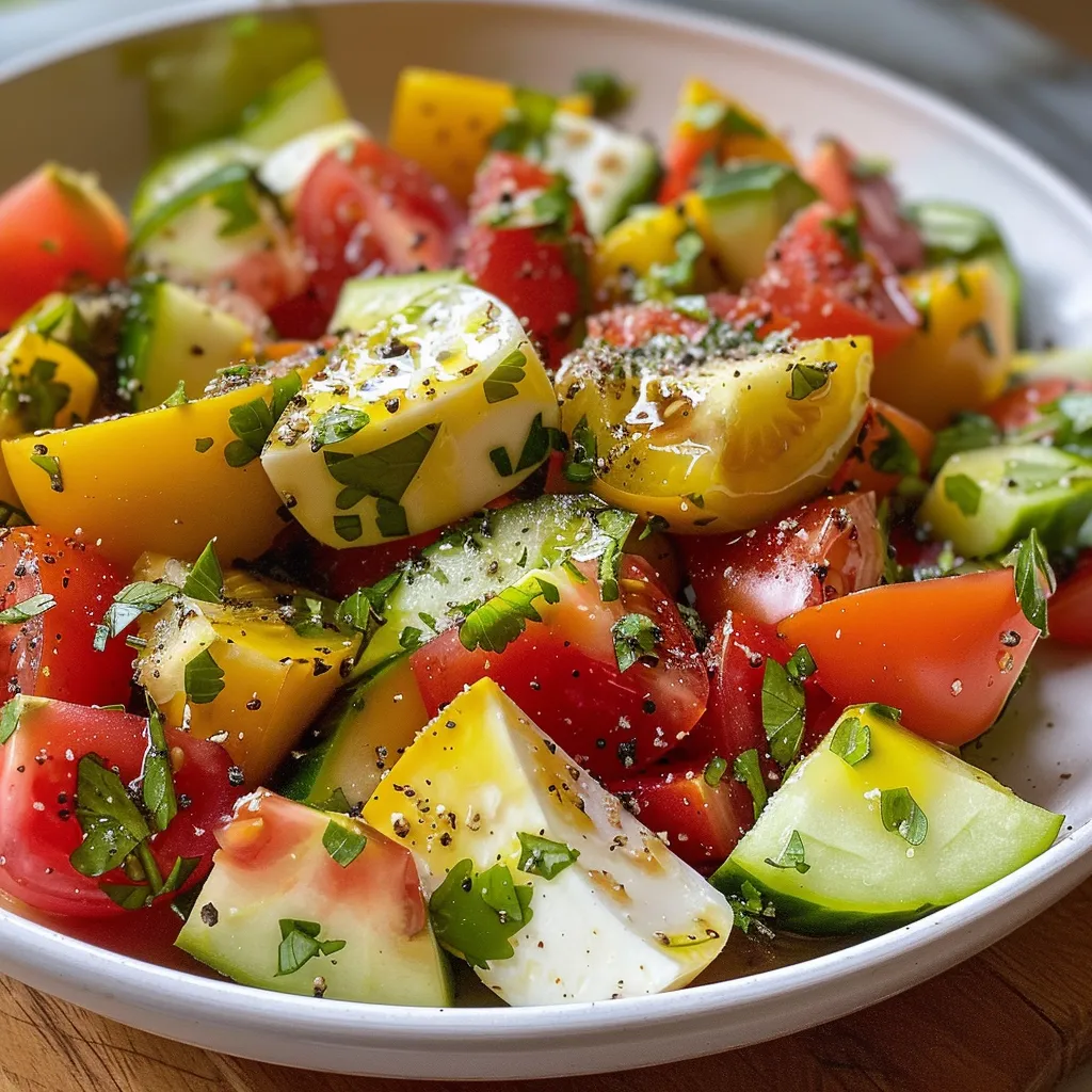 Vista lateral de una ensalada colorida con rodajas de tomate, aguacate y queso.