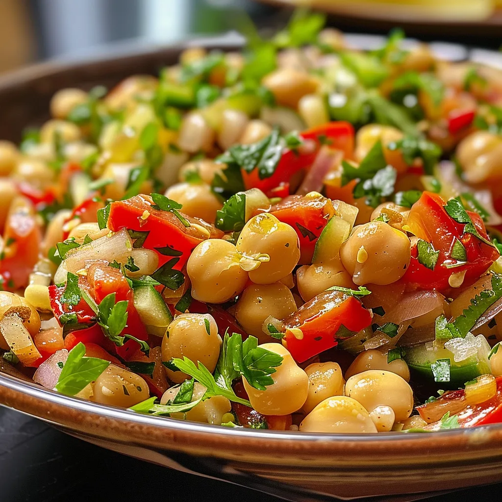Ensalada Griega de Garbanzos con pimientos y pepinos frescos.