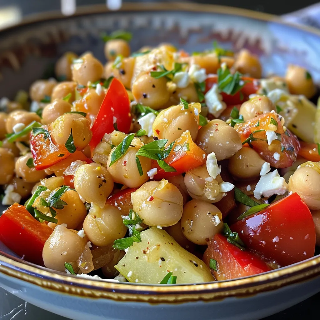 Primer plano de una ensalada colorida con garbanzos y queso feta.