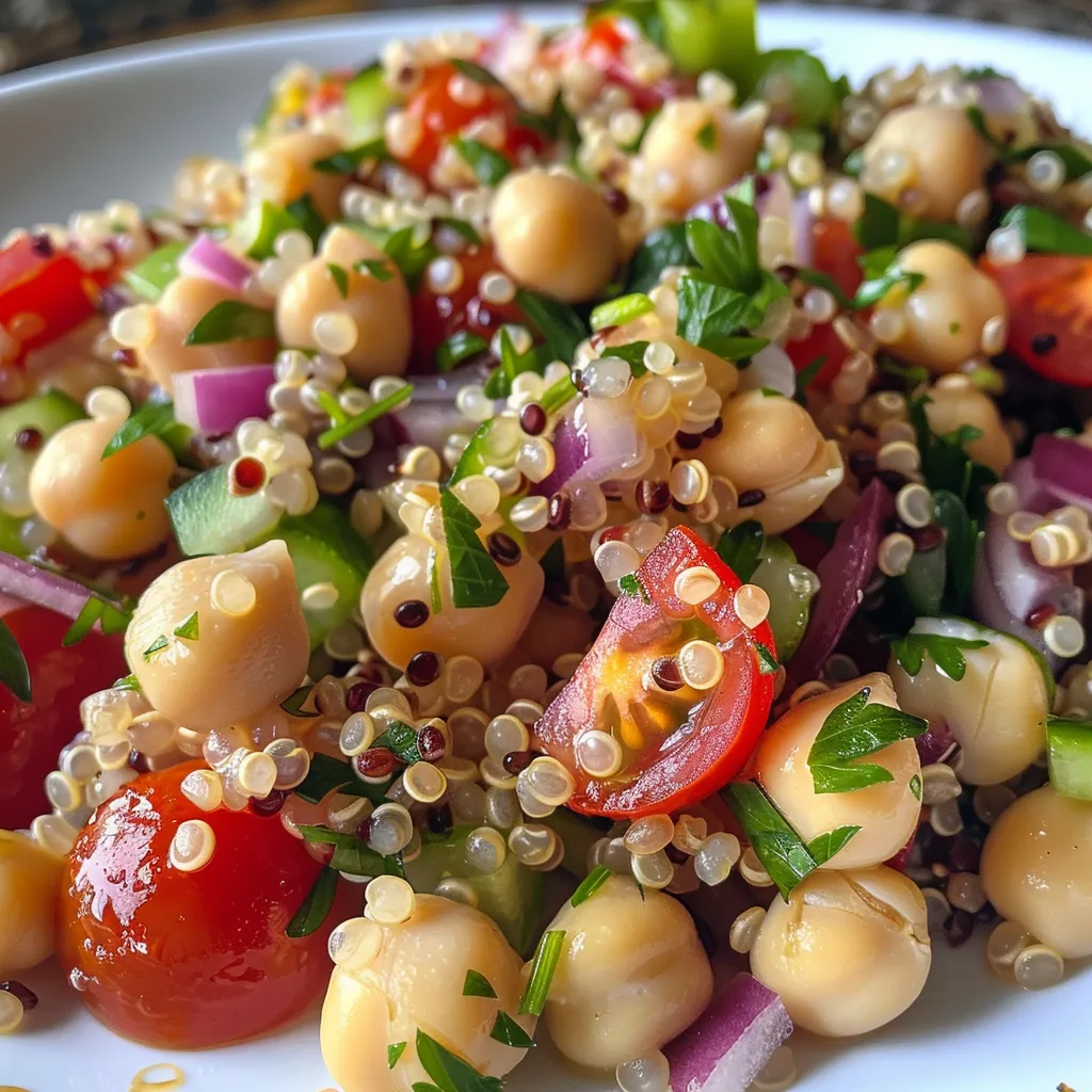 Ensalada Mediterránea de quinoa y garbanzos en un plato, bien presentada con ingredientes frescos.