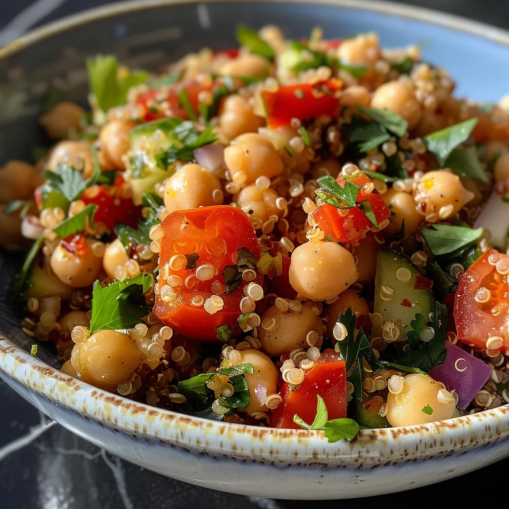 Primer plano de una ensalada colorida con quinoa, garbanzos, y vegetales frescos.