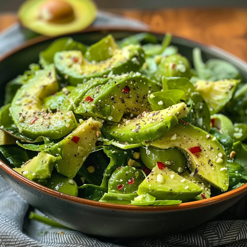Primer plano de una ensalada verde con espinacas y aguacate.