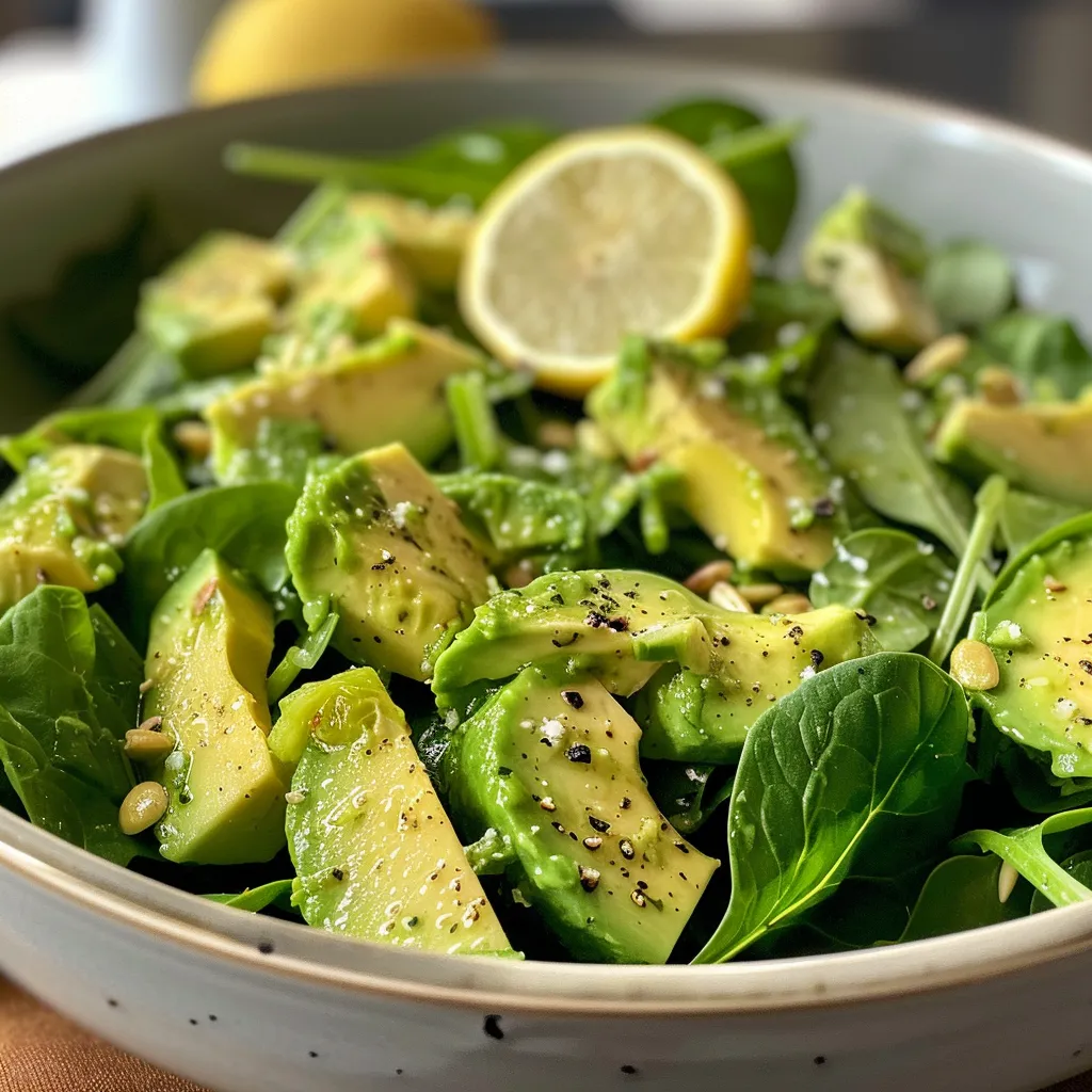 Ensalada fresca de espinacas con aguacate y semillas, vista lateral.