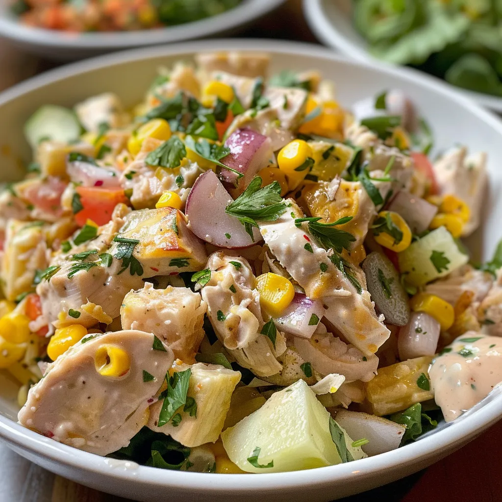 Ensalada cremosa de pollo con arándanos secos y nueces, vista lateral.