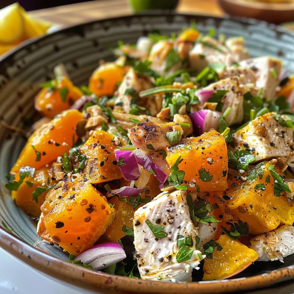 Primer plano de ensalada de pollo con ingredientes frescos y nueces crujientes.