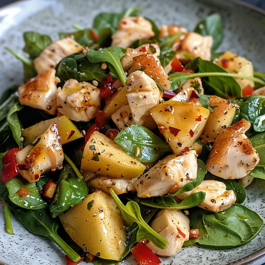 Ensalada de espinacas baby con pollo y manzana en un plato.