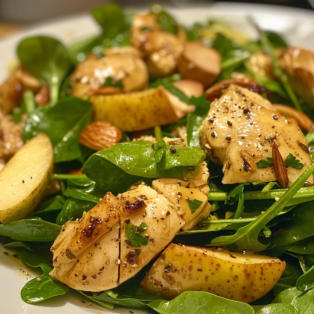 Primer plano de ensalada de espinacas baby con ingredientes frescos.