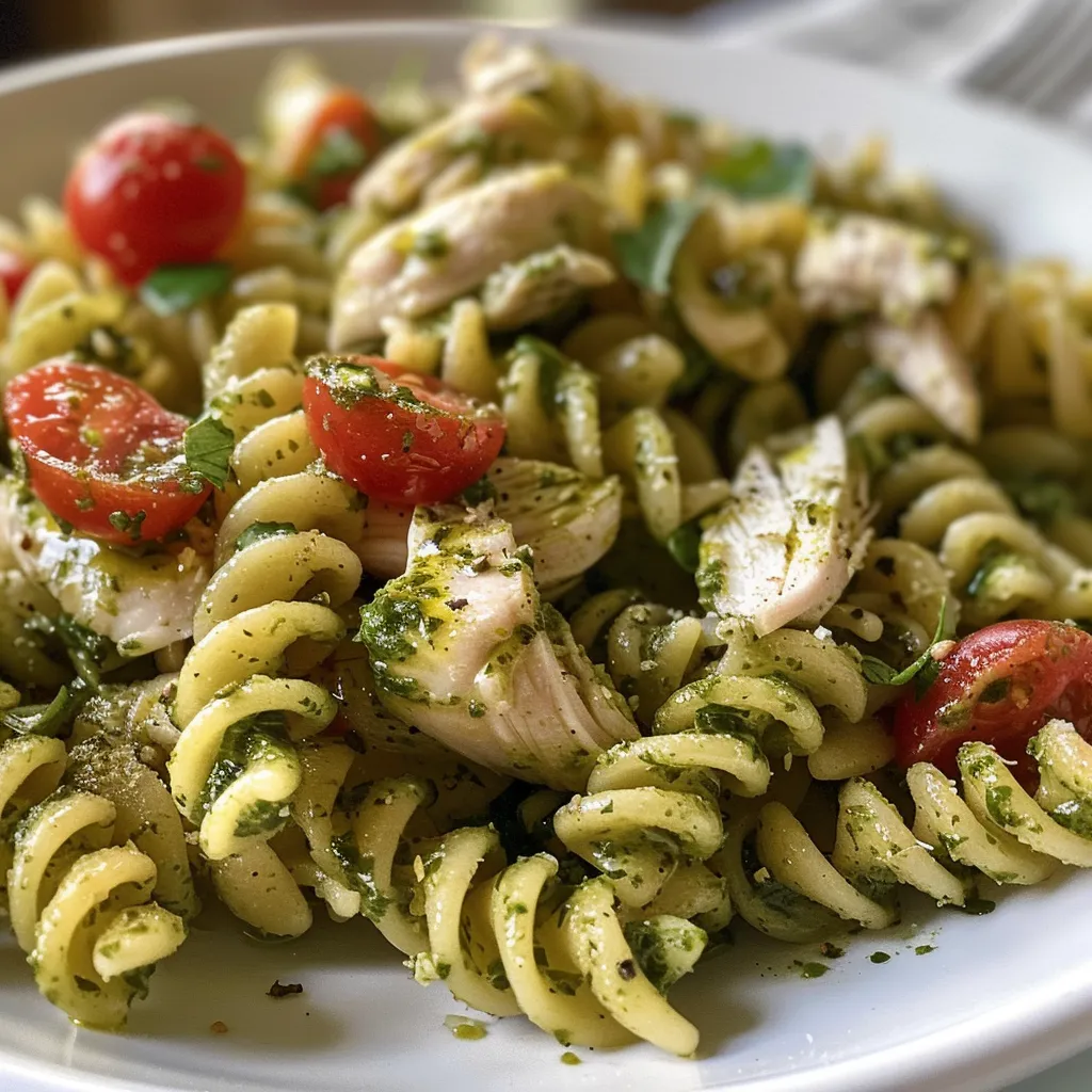 Close-up de ensalada de pasta con trozos de pollo y verduras frescas.