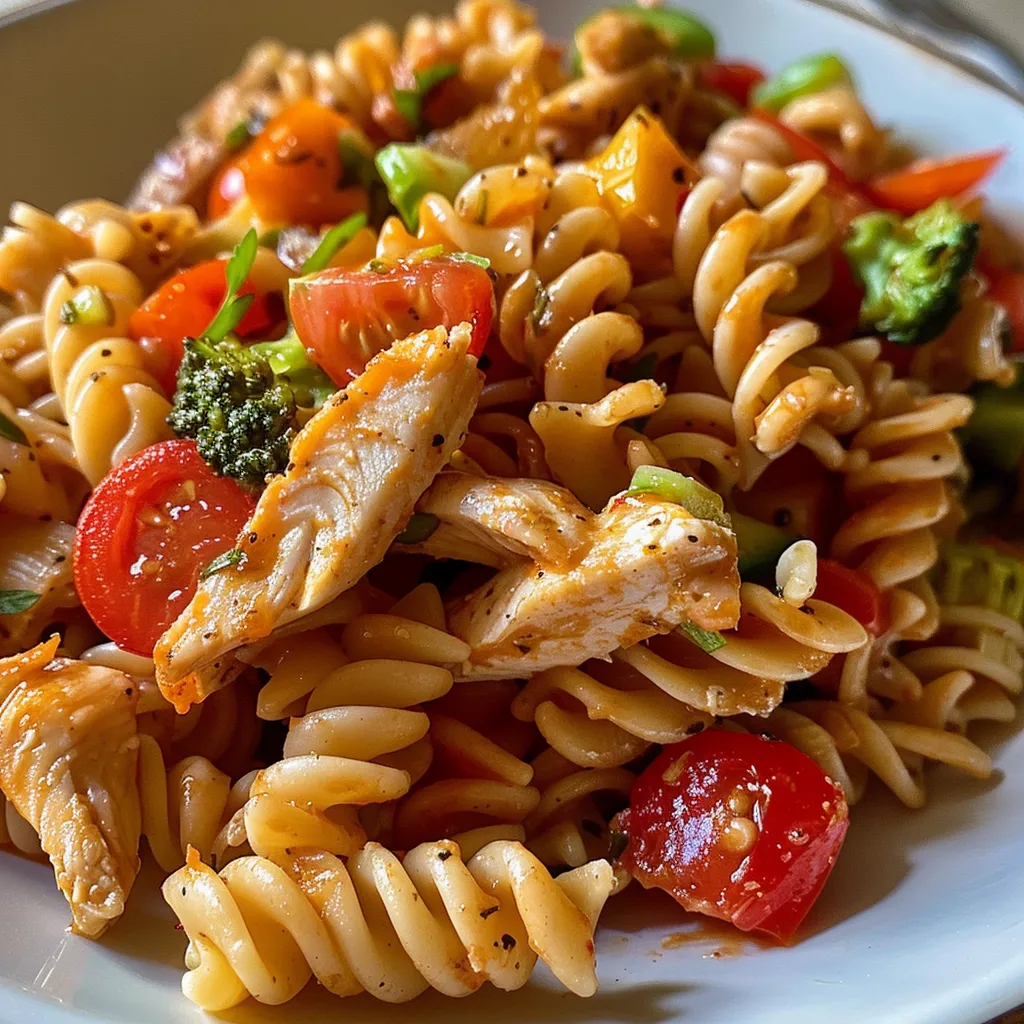 Tazón de ensalada de pasta con pollo, espirales integrales y brócoli.