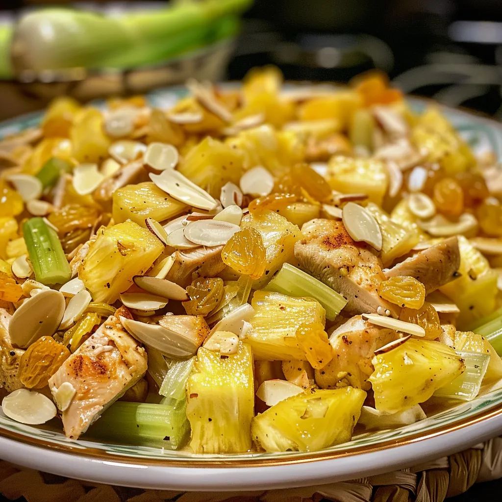 Ensalada de piña y pollo en un plato, vista lateral, colorido y fresco.