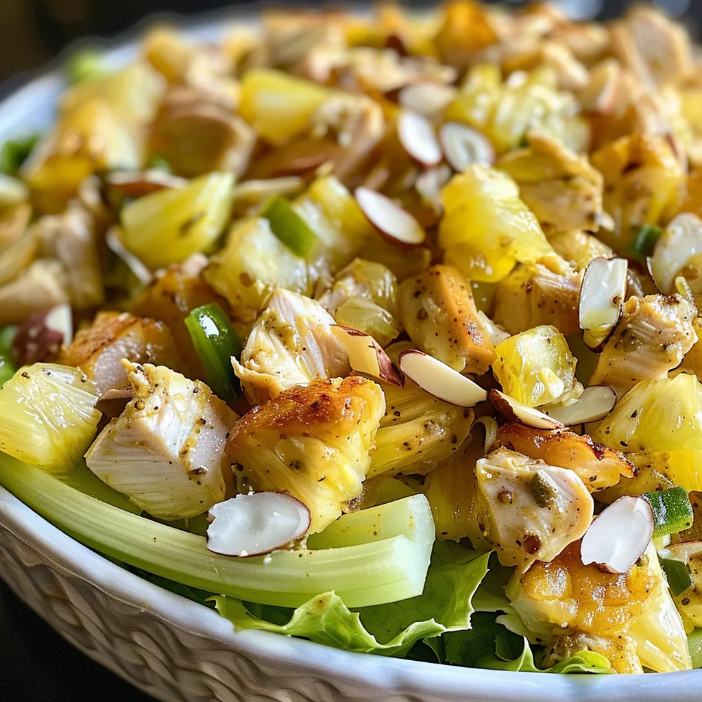 Primer plano de ensalada con piña y pollo, con ingredientes visibles.