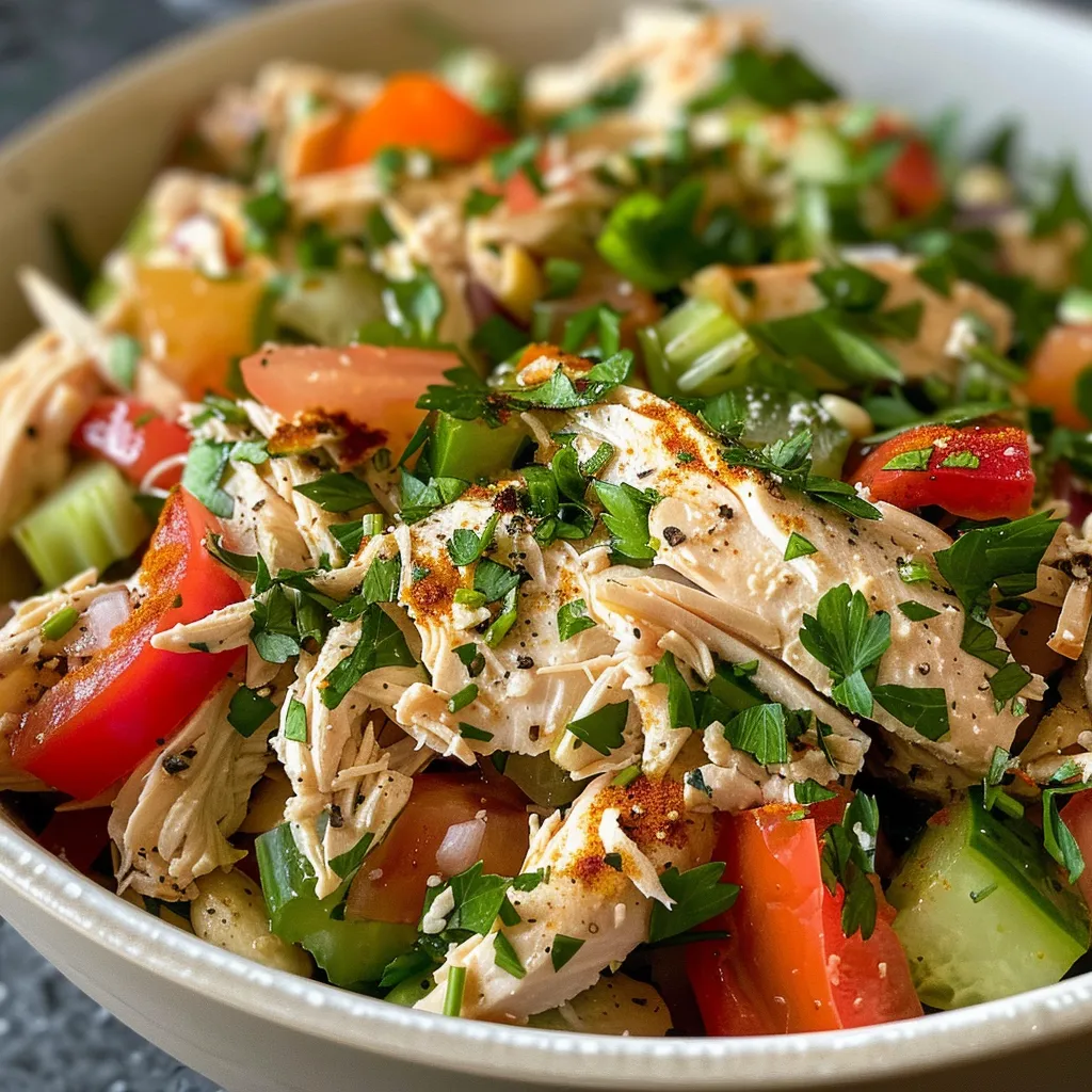 Ensalada de pollo alta en proteínas en un plato, vista lateral.