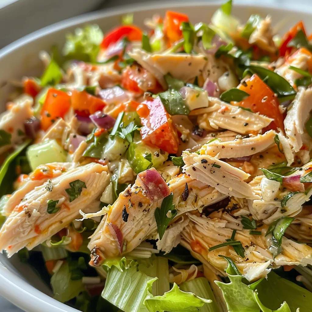 Primer plano de ensalada de pollo con ingredientes frescos.