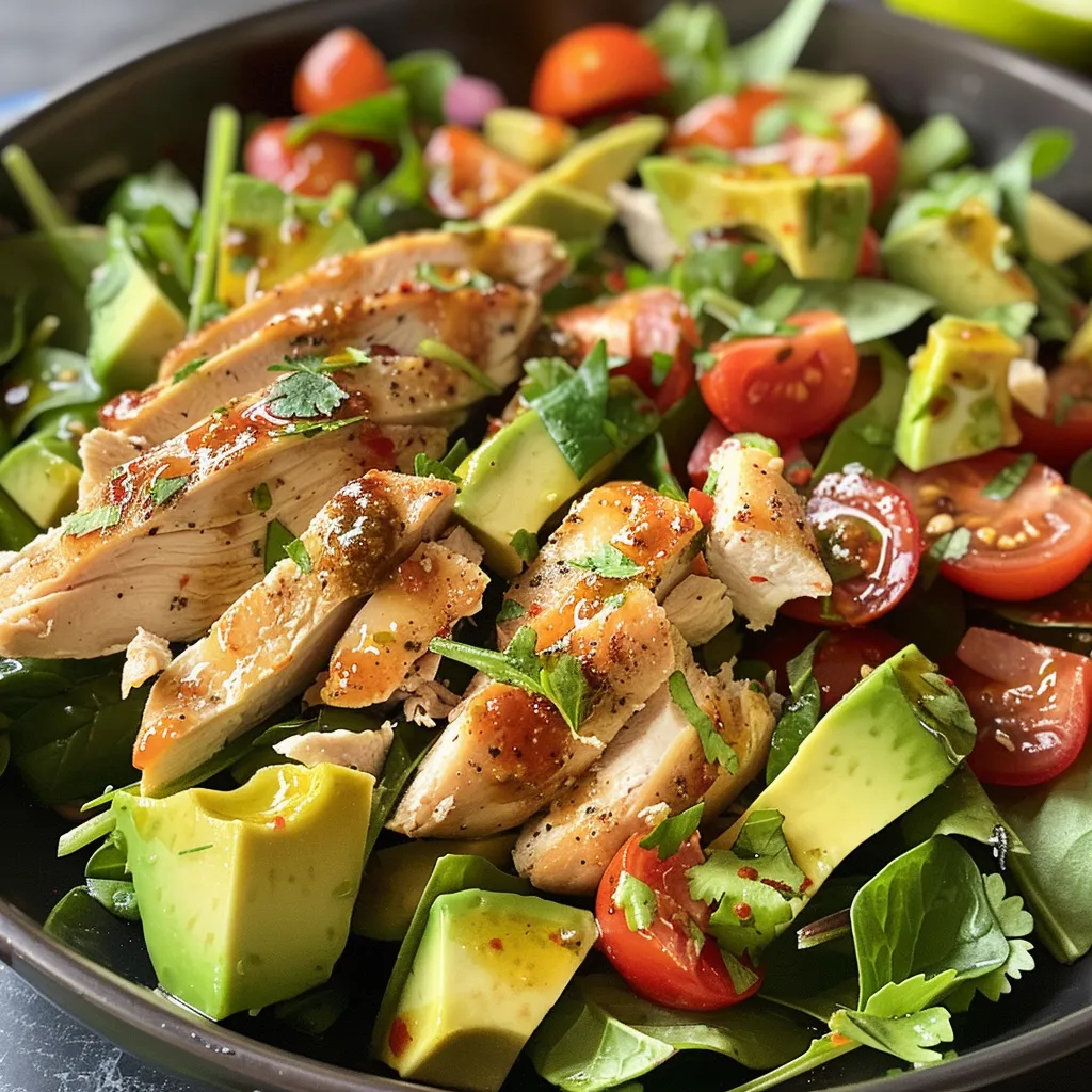 Ensalada de Pollo con Aguacate en un plato, vista lateral, con ingredientes frescos.
