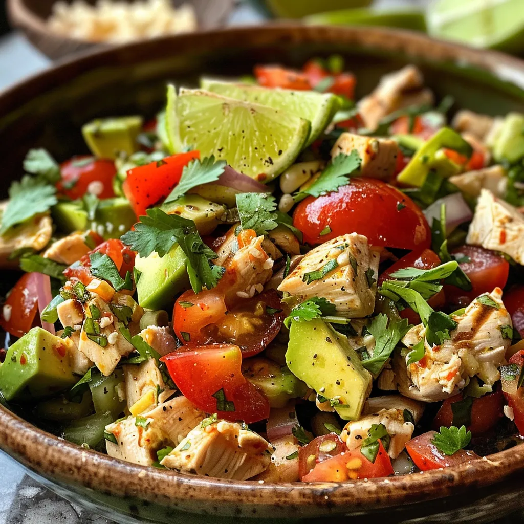 Primer plano de Ensalada de Pollo con Aguacate, mostrando pollo desmenuzado y verduras.