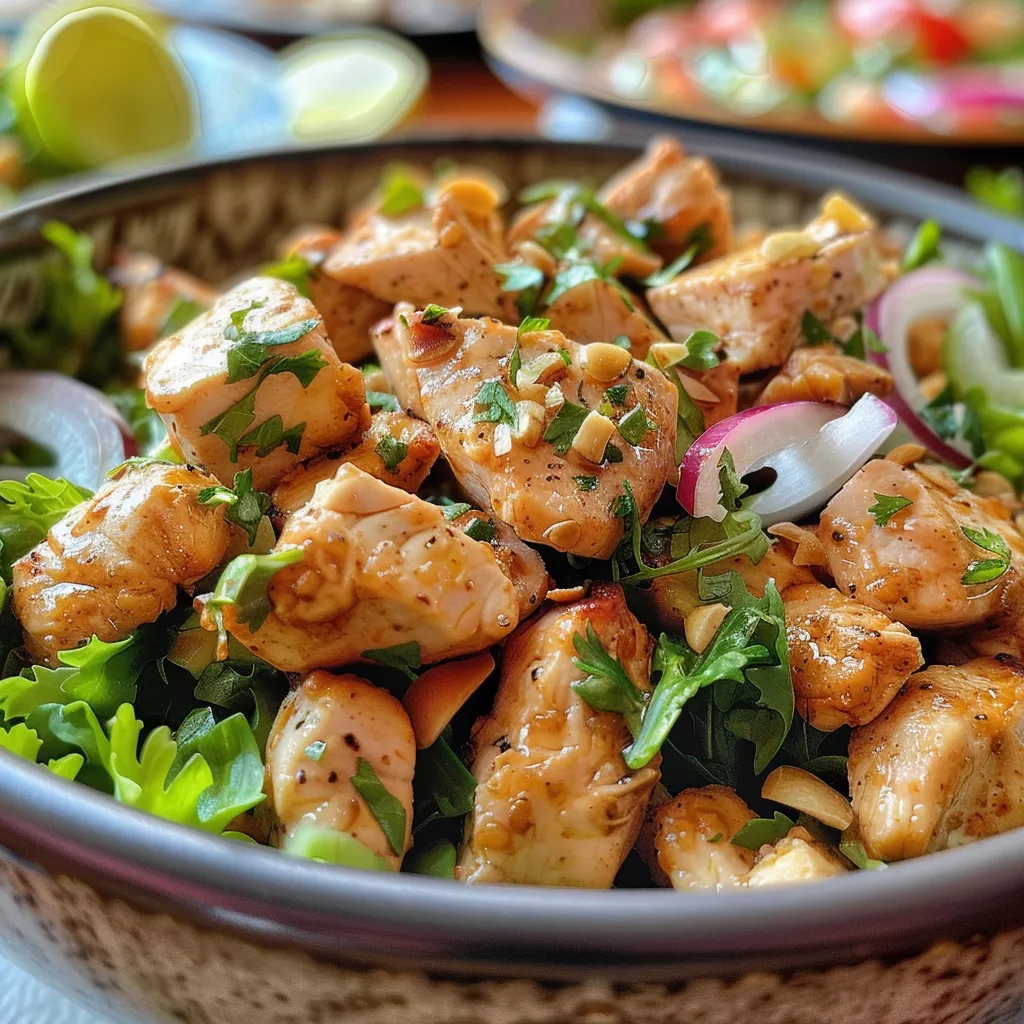 Ensalada de Pollo con Almendras en un plato, con pollo desmenuzado y almendras en la parte superior.