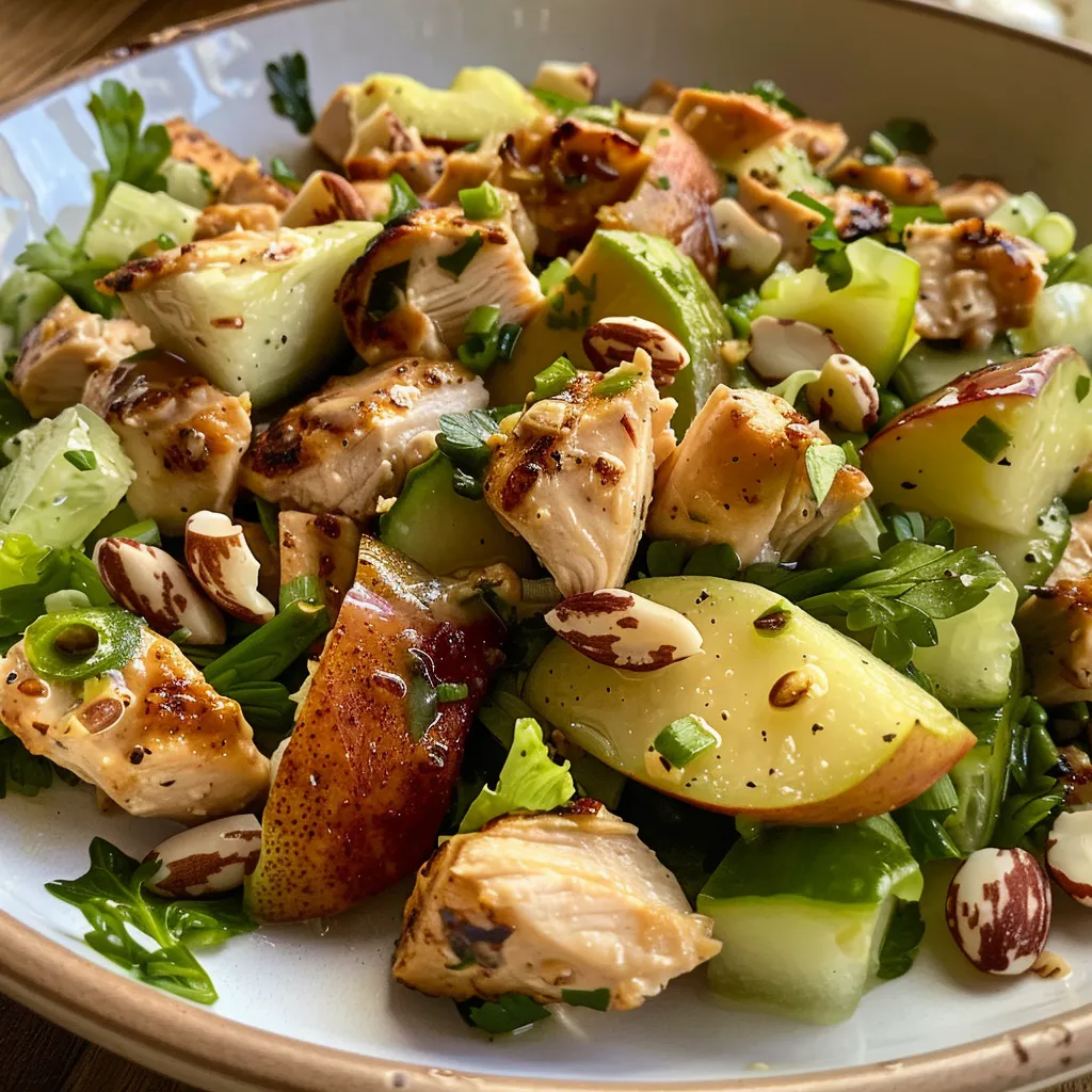 Ensalada de pollo con manzana y nueces en un plato blanco.