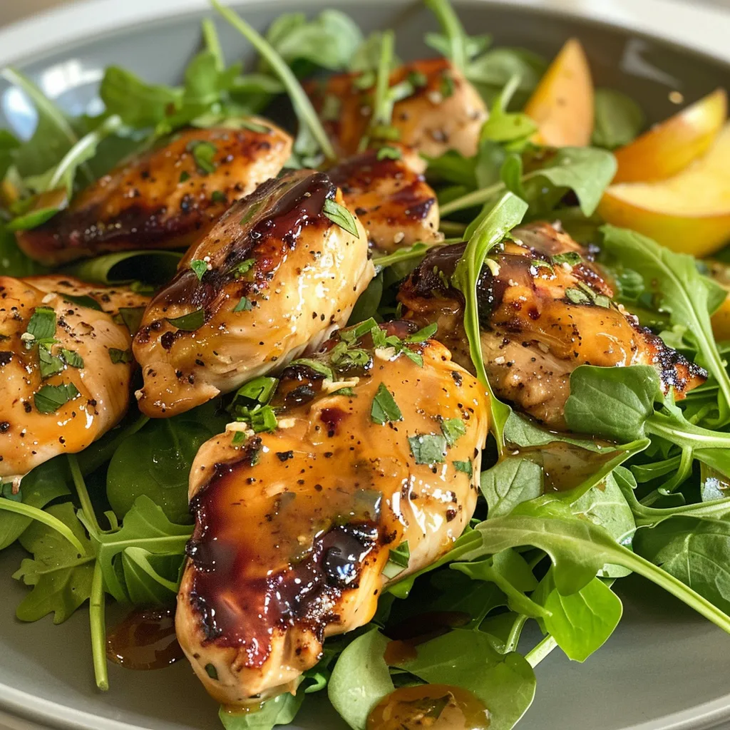 Ensalada de pollo con miel fresca, vista lateral, mostrando ingredientes frescos.