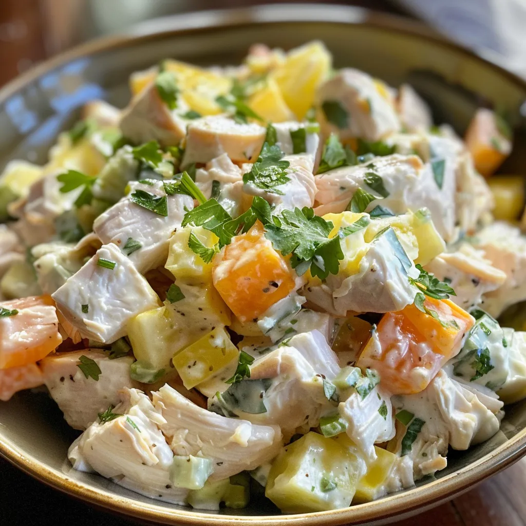 Ensalada de pollo con piña y yogur presentada en un plato blanco.