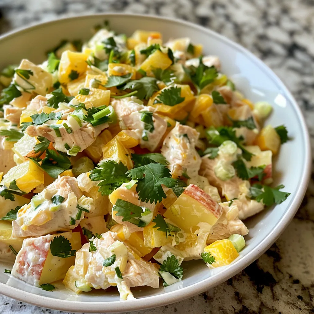 Vista lateral de una ensalada colorida con pollo desmenuzado y trozos de piña.