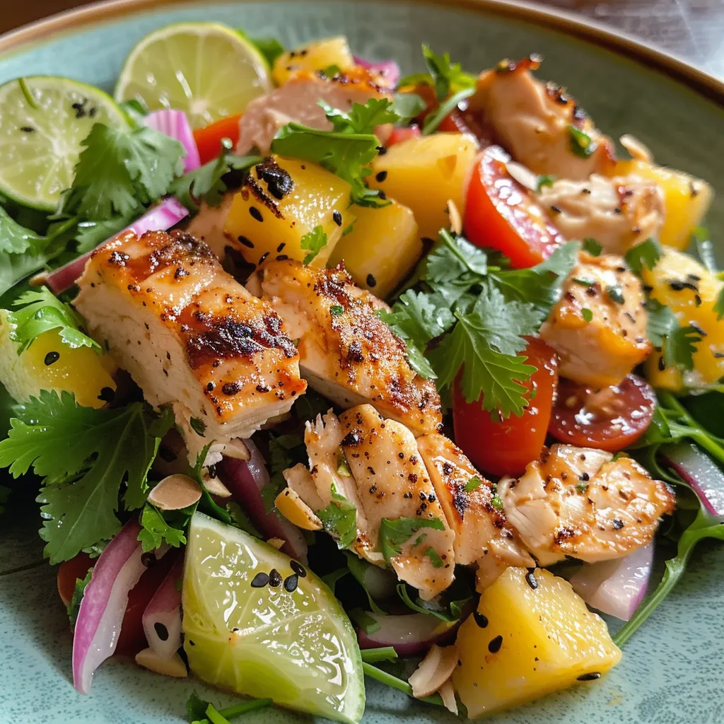 Ensalada de Pollo Hawaiana con trozos de piña, lechuga y aguacate.
