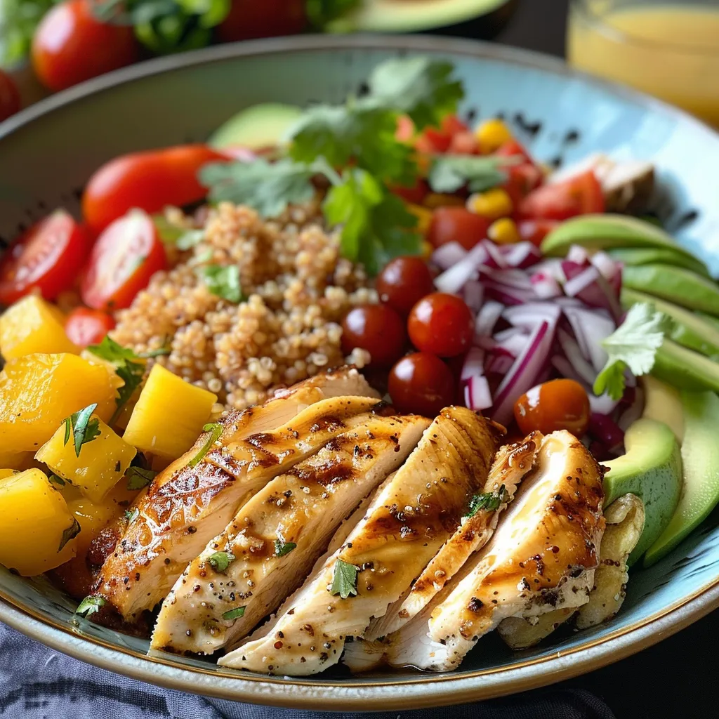 Primer plano de una ensalada colorida con pechuga de pollo y aderezo tropical.