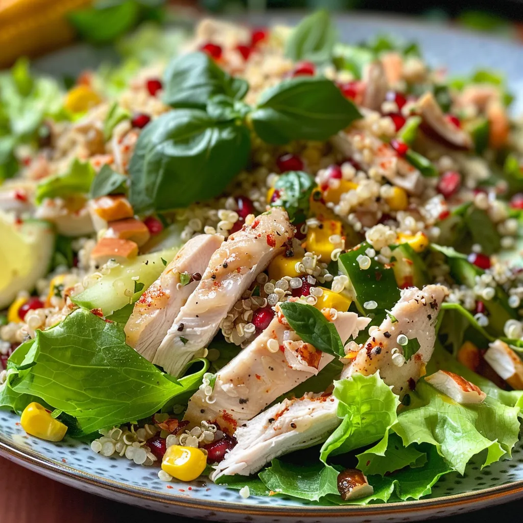 Ensalada de quinoa con pollo y vegetales frescos.
