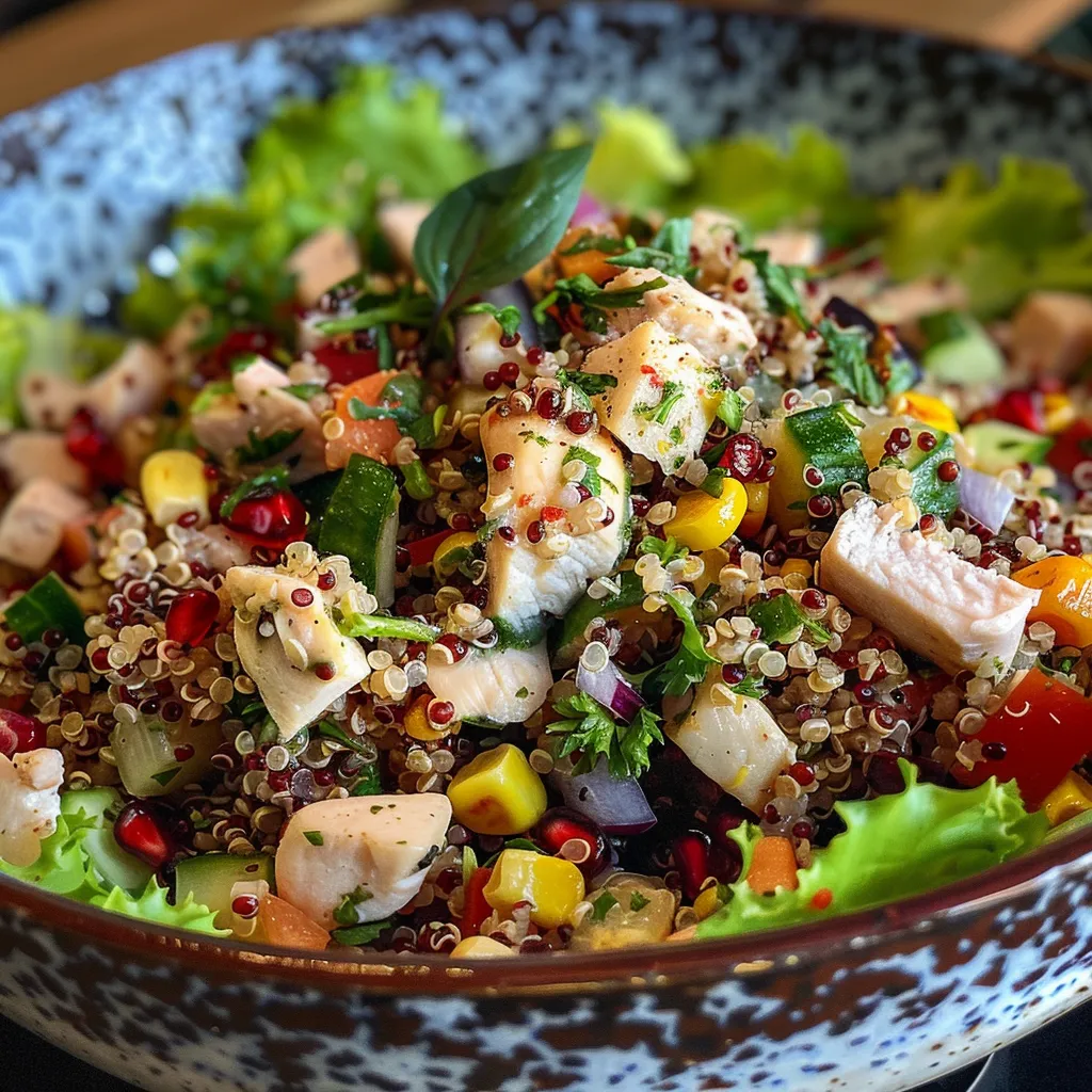 Primer plano de ensalada de quinoa con pollo y aderezos vibrantes.