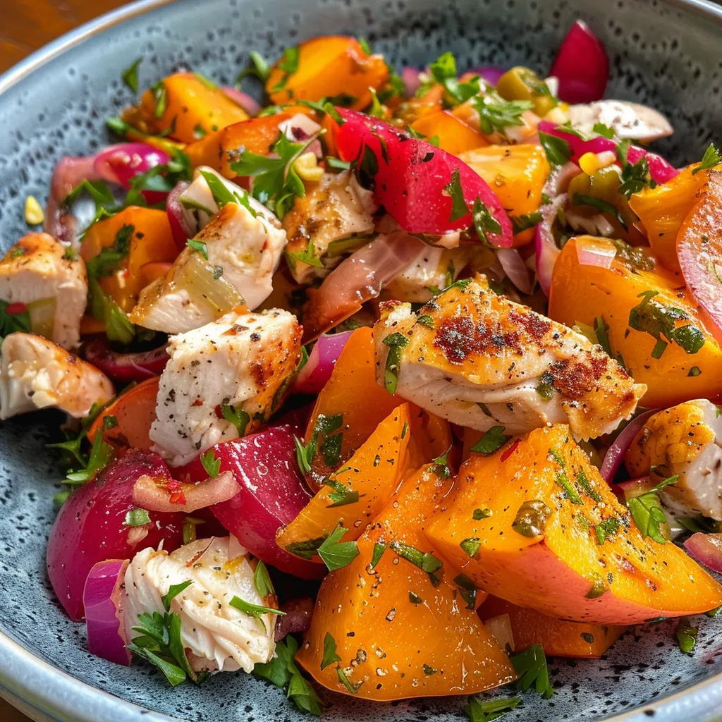 Ensalada de rúcula y pollo con frutos rojos, vista lateral.