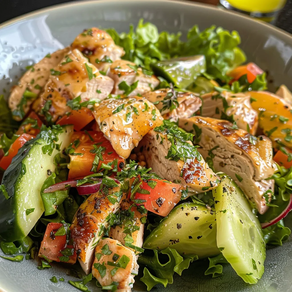 Primer plano de ensalada de rúcula con pechuga de pollo a la parrilla.