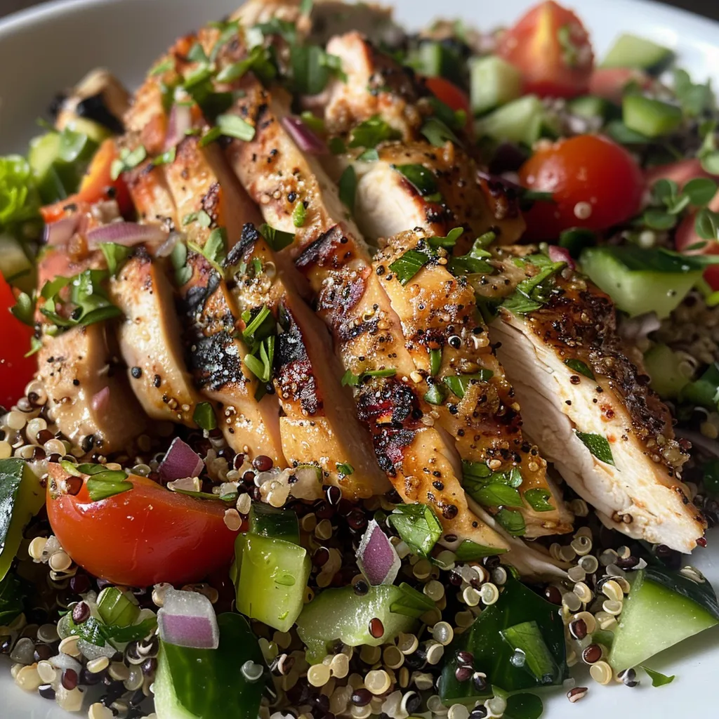 Primer plano de una ensalada con quinoa, pollo, y vegetales frescos en un plato.