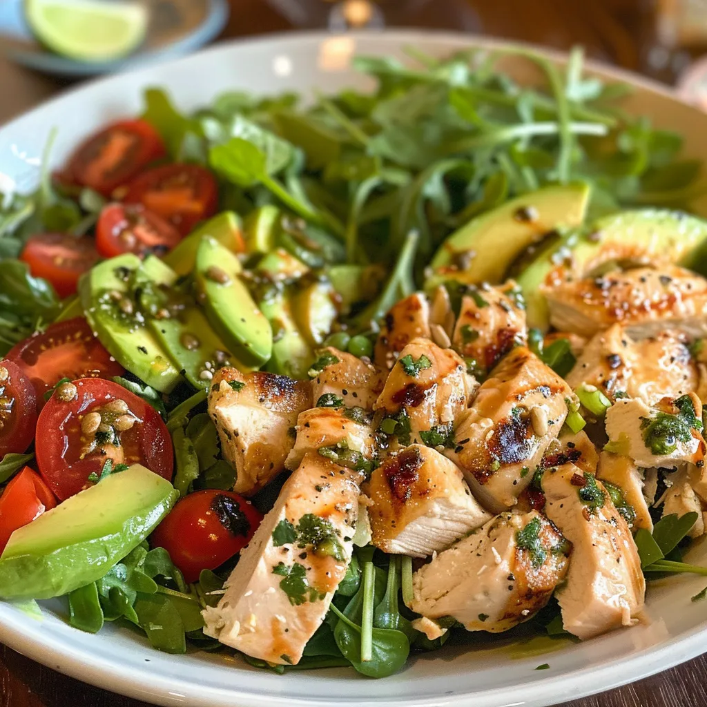 Close-up de una ensalada colorida con pollo, aguacate y verduras.