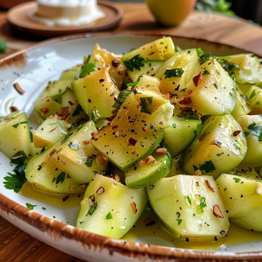 Ensalada de apio, manzana verde, nueces y pasas en un tazón blanco.
