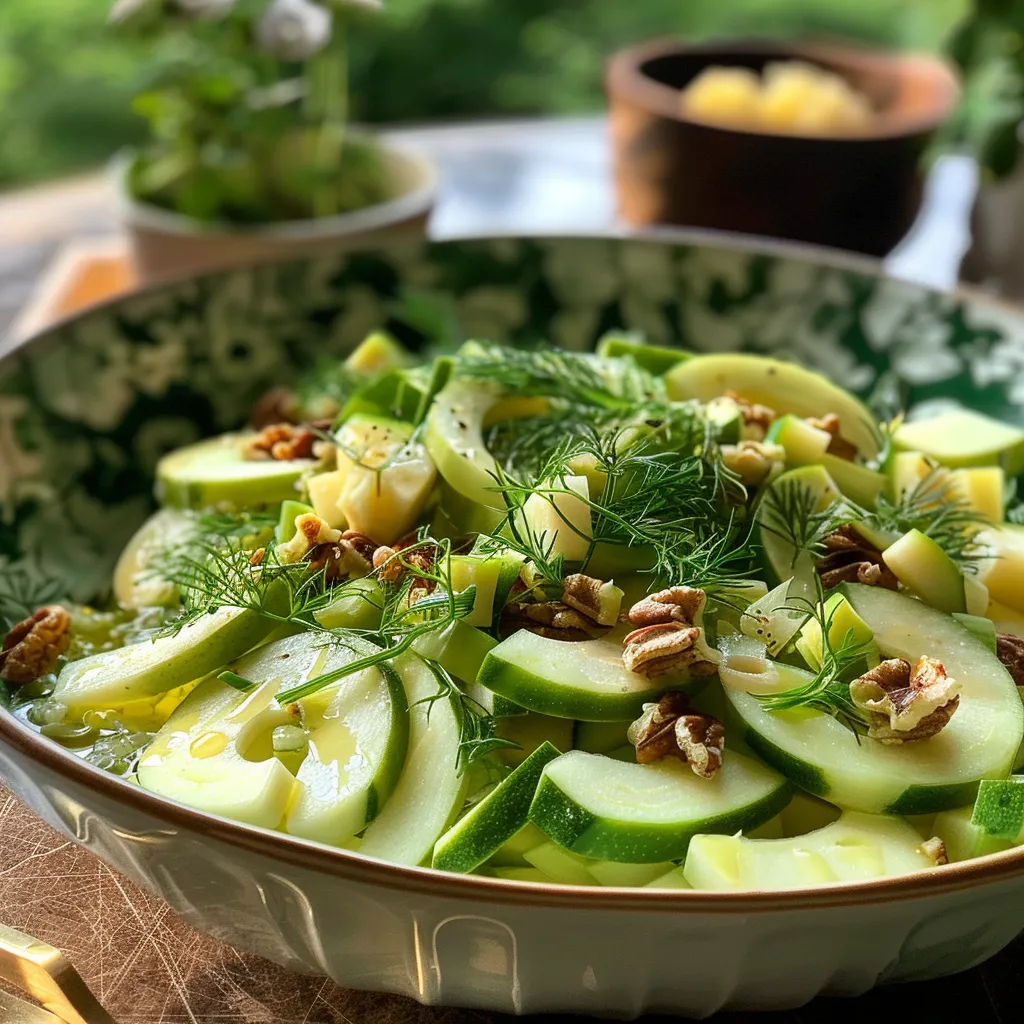 Primer plano de ensalada de apio con yogur y miel sobre una mesa.