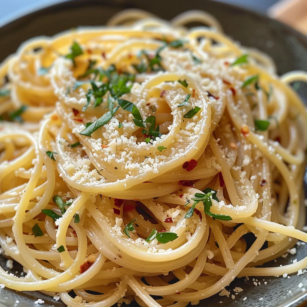 Espagueti con ajo y aceite en un plato, presentado con un fondo desenfocado.