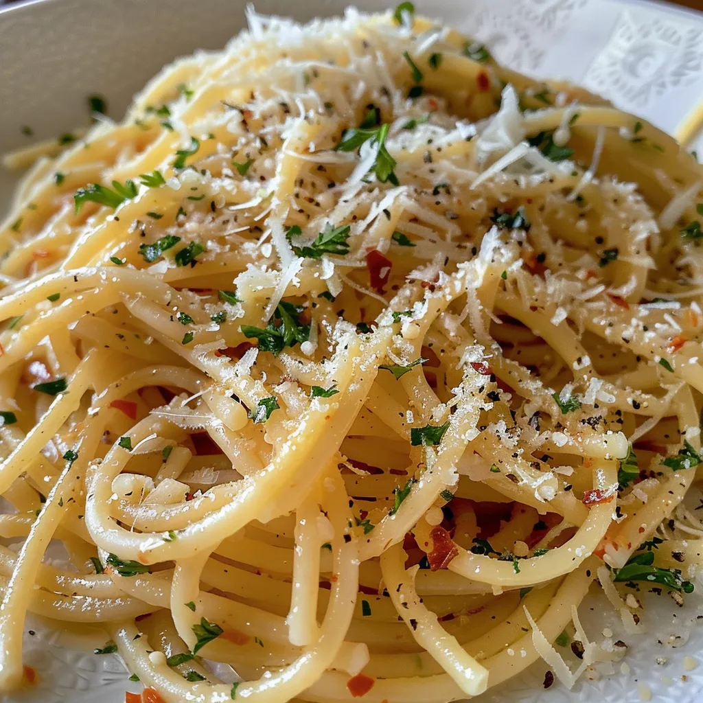Primer plano de espagueti con ajo y aceite, con perejil fresco como guarnición.
