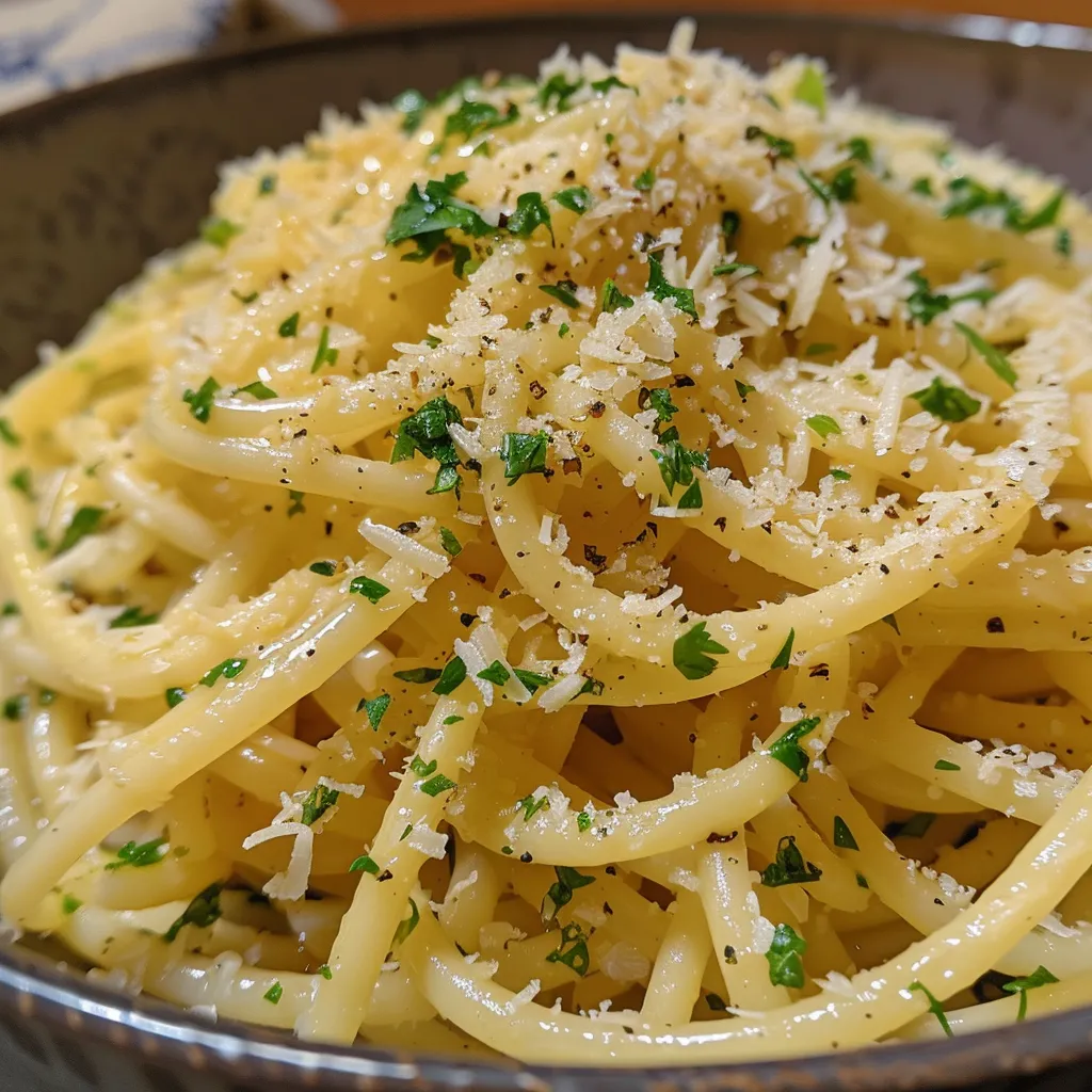 Primer plano de espaguetis con ajo y perejil en un plato.