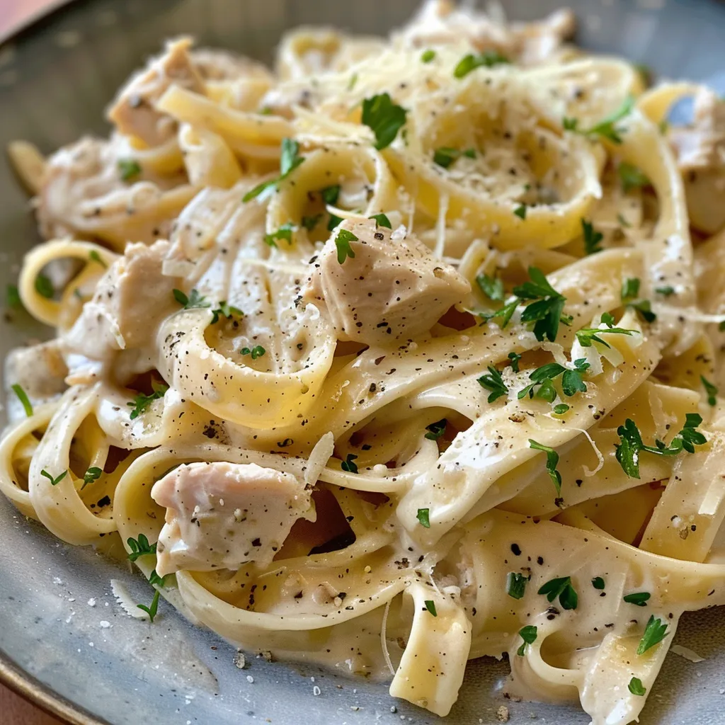 Primer plano de fettuccine cremoso con pollo y espárragos en un plato blanco.