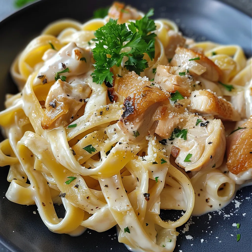 Vista lateral de un tazón de fettuccine con pollo y espárragos, con ingredientes frescos alrededor.