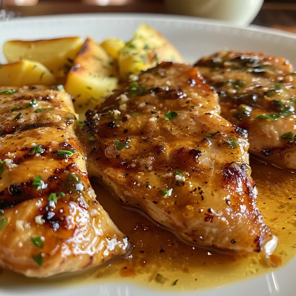 Filetes de pollo en salsa cremosa de ajo y parmesano, decorados con perejil fresco.